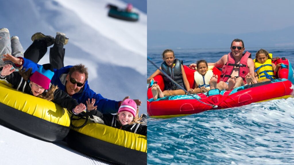 family tubing behind boat