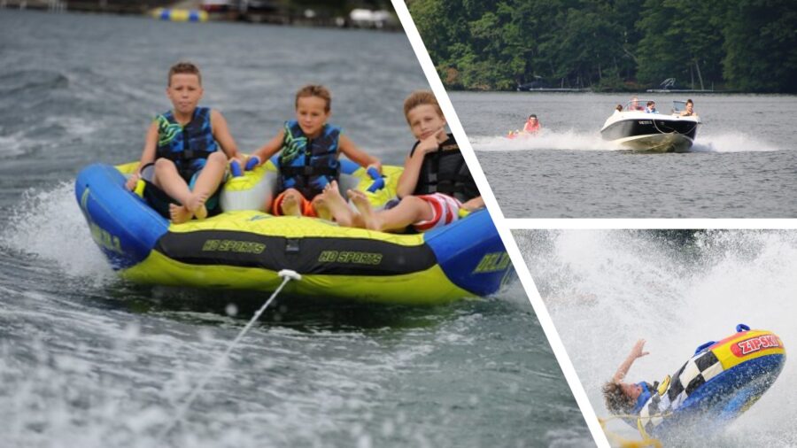 family tubing behind boat