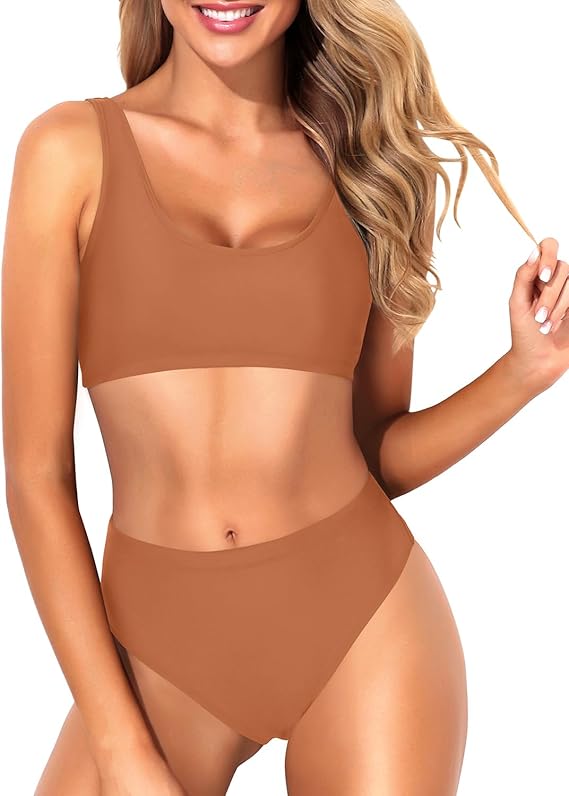 women Brown And Tan Bikini With Matching Bucket Hat